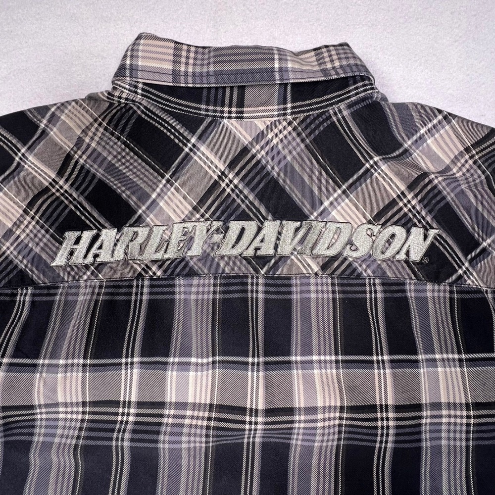 Harley Davidson Mens 2XL Black Gray Plaid Short Sleeve Button Up Shirt Logo